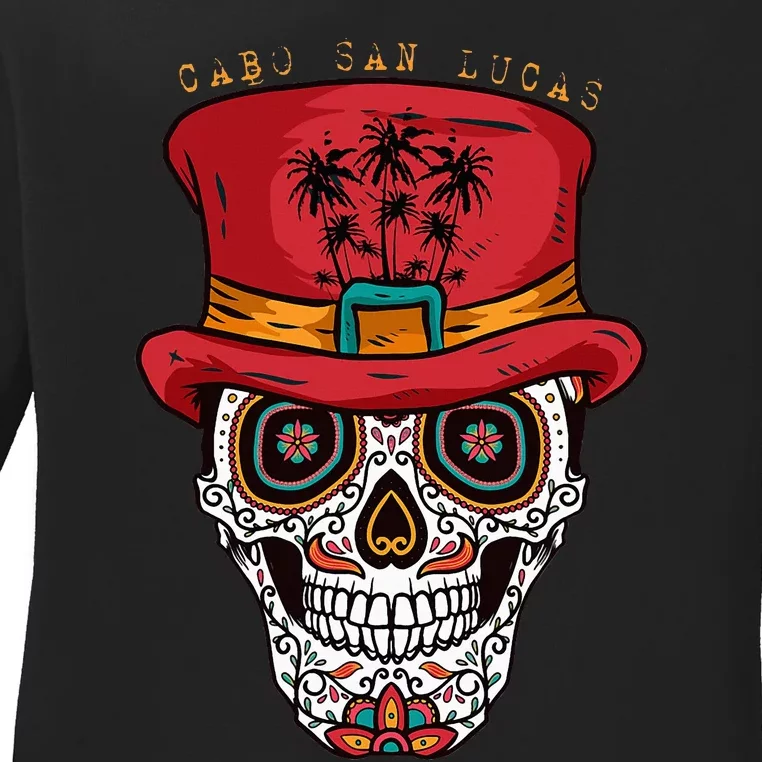 Cabo San Lucas Sugar Skull & Hat Souvenir Ladies Long Sleeve Shirt