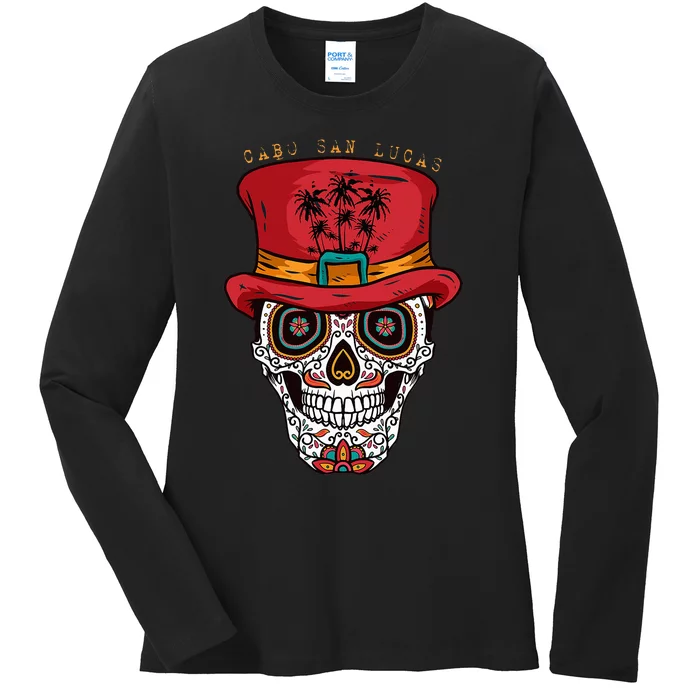 Cabo San Lucas Sugar Skull & Hat Souvenir Ladies Long Sleeve Shirt