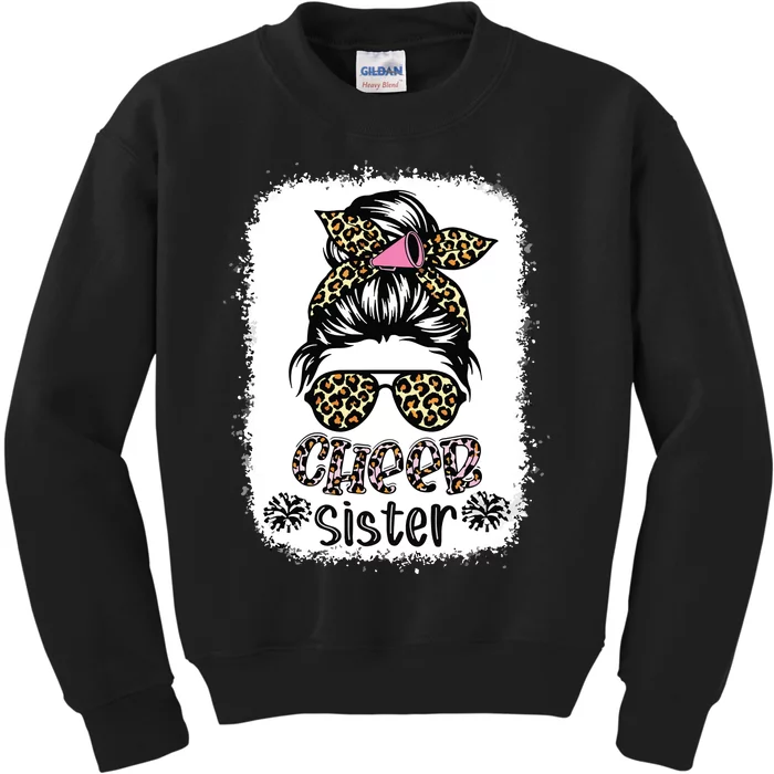 Cheer Sister Leopard Messy Bun Cheerleader Bleached Kids Sweatshirt