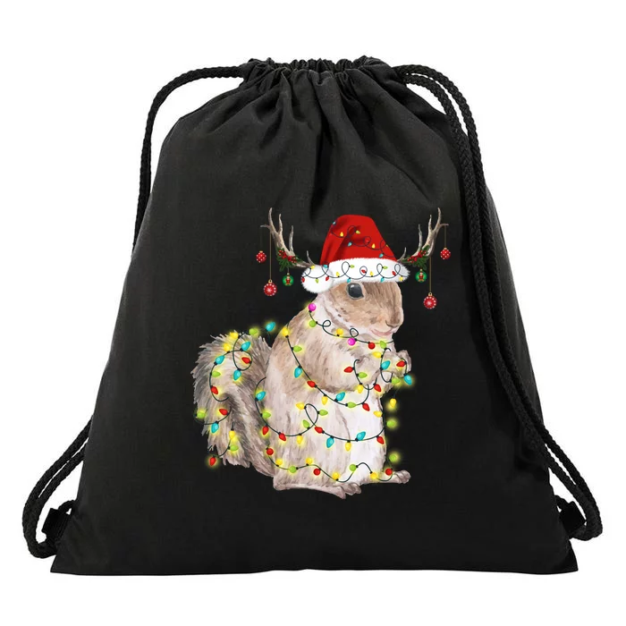 Christmas Squirrel Lights Drawstring Bag