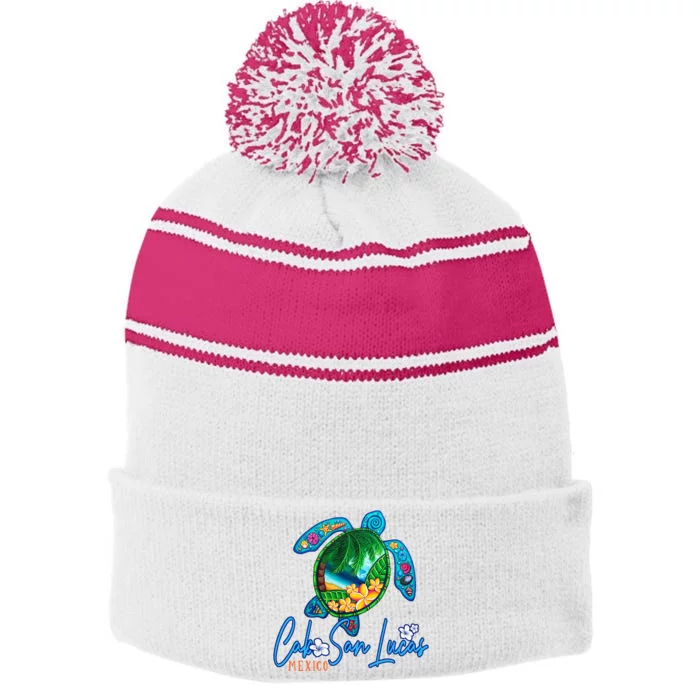 Cabo San Lucas Sea Turtle Mexico Vacation Family Trip Stripe Pom Pom Beanie