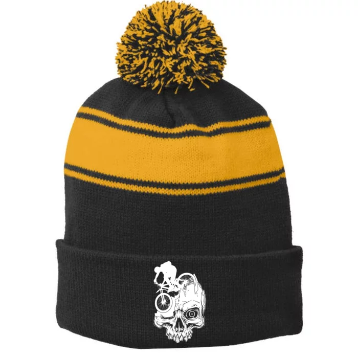 Cool Skull Mountain Biker Illustration Stripe Pom Pom Beanie