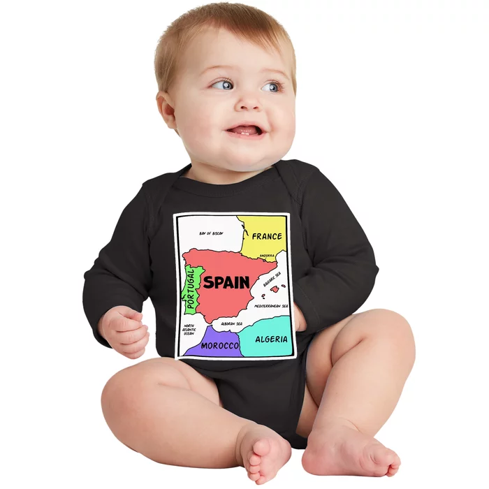 Colorful Simplified Map Of Spain. Surrounding Countries Baby Long Sleeve Bodysuit