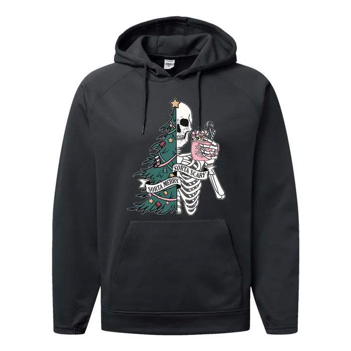 Christmas Sorta Merry Sorta Scary Skeleton Xmas Tree Performance Fleece Hoodie