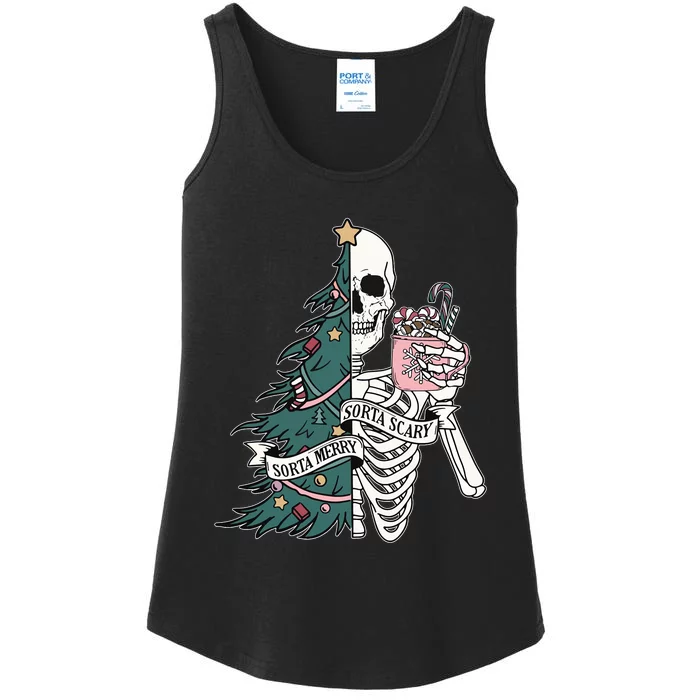 Christmas Sorta Merry Sorta Scary Skeleton Xmas Tree Ladies Essential Tank