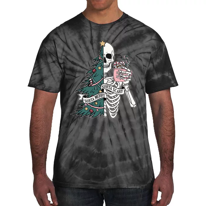 Christmas Sorta Merry Sorta Scary Skeleton Xmas Tree Tie-Dye T-Shirt