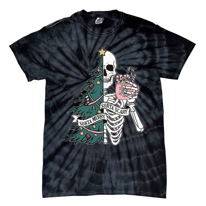 Christmas Sorta Merry Sorta Scary Skeleton Xmas Tree Tie-Dye T-Shirt