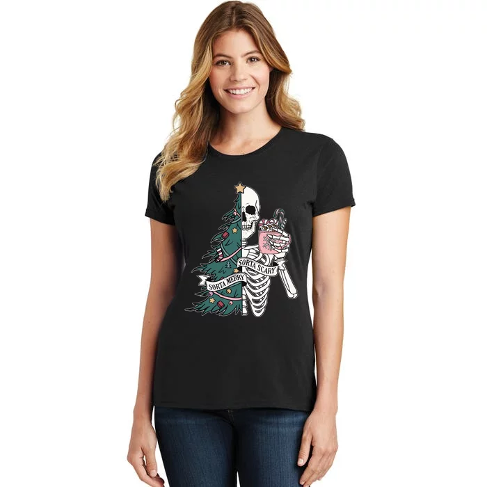 Christmas Sorta Merry Sorta Scary Skeleton Xmas Tree Women's T-Shirt