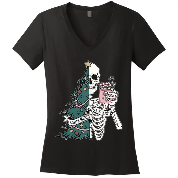 Christmas Sorta Merry Sorta Scary Skeleton Xmas Tree Women's V-Neck T-Shirt