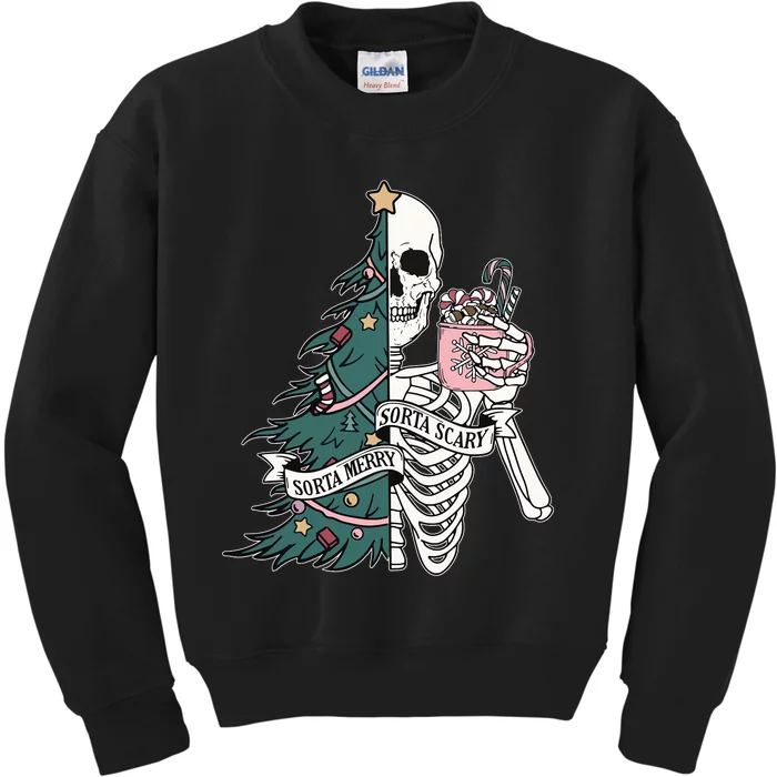 Christmas Sorta Merry Sorta Scary Skeleton Xmas Tree Kids Sweatshirt