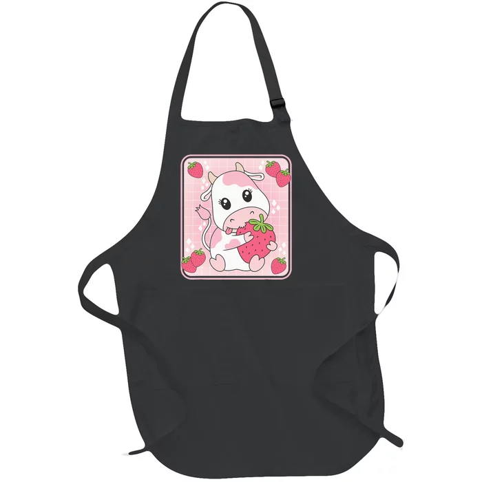 Cute Strawberry Milk Pink Cow Kawaii Aesthetic Full-Length Apron With Pocket