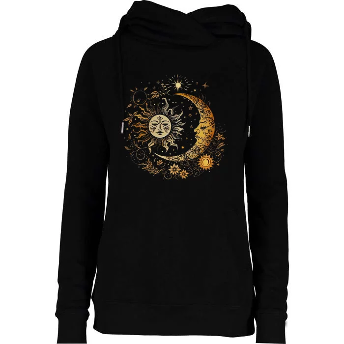 Celestial Sun Moon Flower Astrology Moon Phases Womens Funnel Neck Pullover Hood