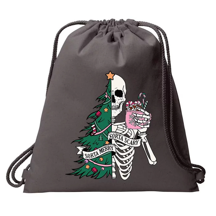 Christmas Sorta Merry Sorta Scary Skeleton Xmas Tree Drawstring Bag