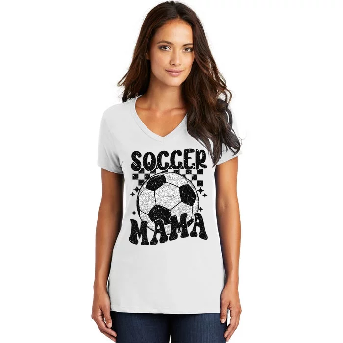 Checkered Soccer Mama Retro Soccer Mom Soccer Season Women's V-Neck T-Shirt