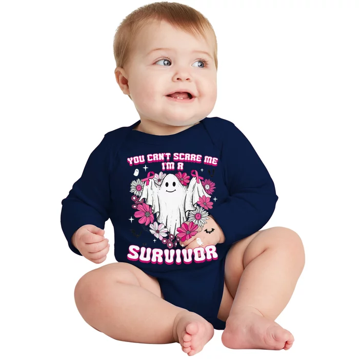 Cant Scare Me Groovy Ghost Halloween Breast Cancer Survivor Baby Long Sleeve Bodysuit