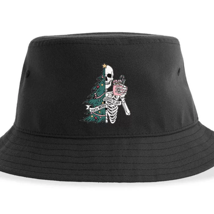 Christmas Sorta Merry Sorta Scary Skeleton Xmas Tree Sustainable Bucket Hat