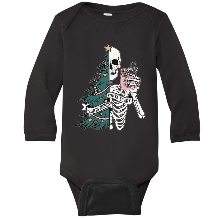 Christmas Sorta Merry Sorta Scary Skeleton Xmas Tree Baby Long Sleeve Bodysuit