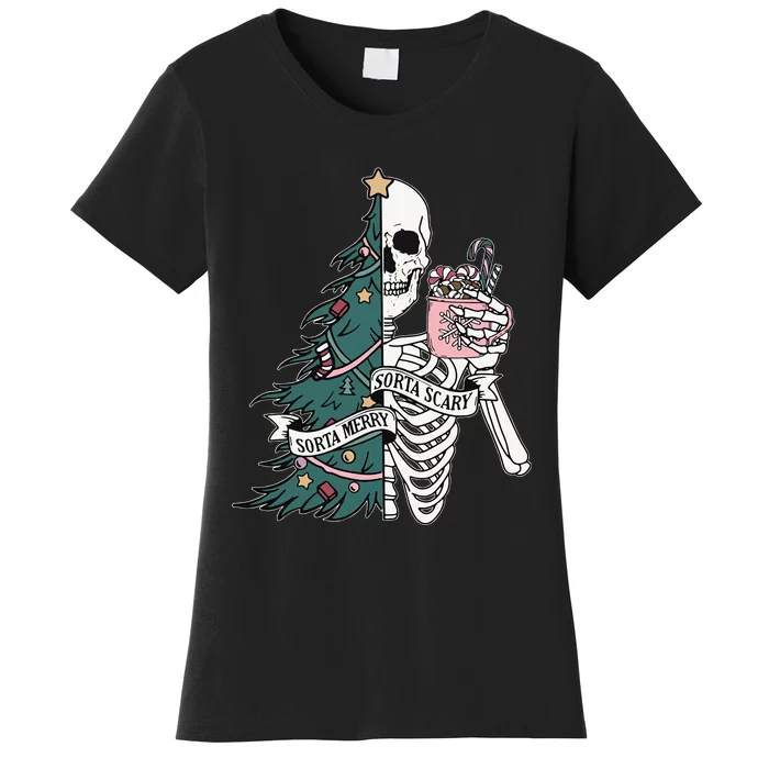 Christmas Sorta Merry Sorta Scary Skeleton Xmas Tree Women's T-Shirt