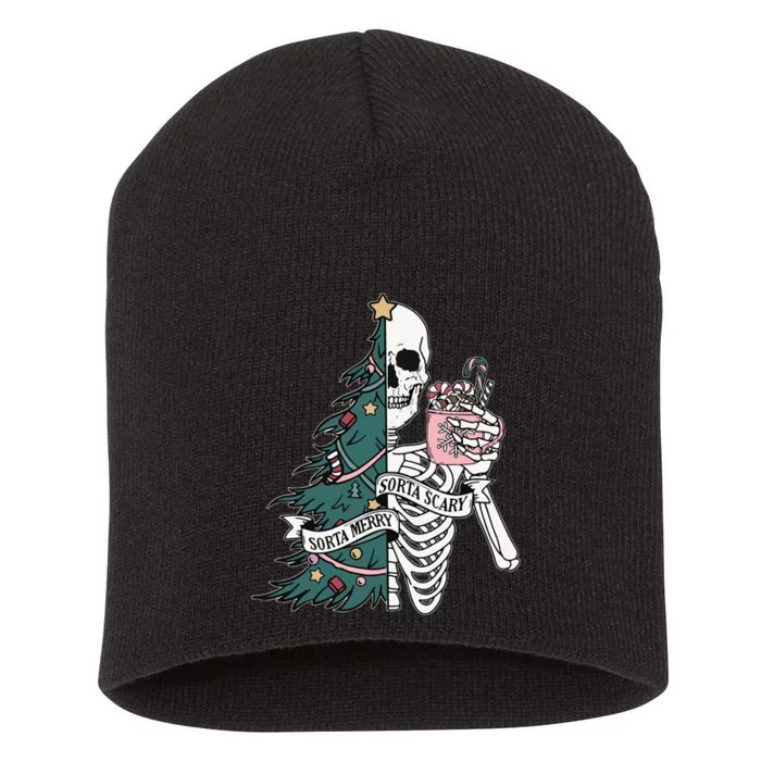 Christmas Sorta Merry Sorta Scary Skeleton Xmas Tree Short Acrylic Beanie