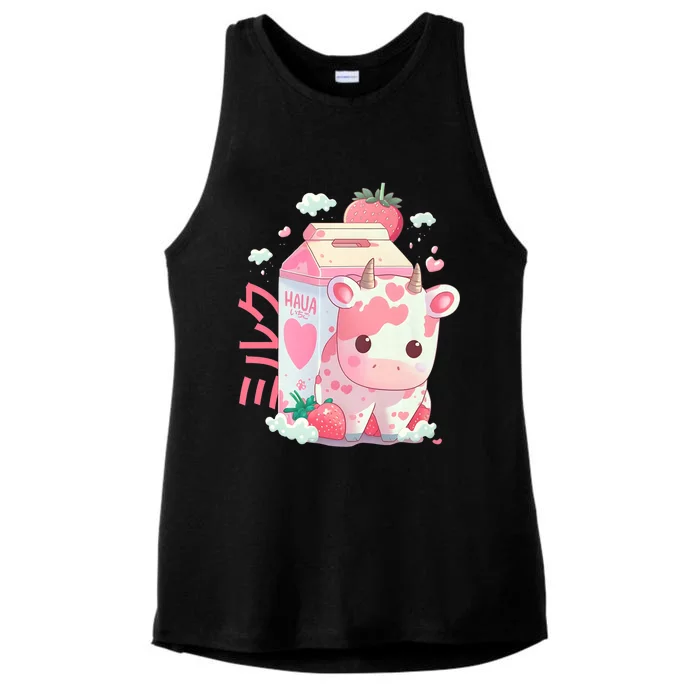 Cute Strawberry Milk Carton Cow Kawaii Lofi Japanese Pink Ladies Tri-Blend Wicking Tank