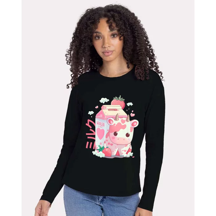 Cute Strawberry Milk Carton Cow Kawaii Lofi Japanese Pink Womens Cotton Relaxed Long Sleeve T-Shirt