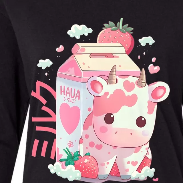 Cute Strawberry Milk Carton Cow Kawaii Lofi Japanese Pink Womens Cotton Relaxed Long Sleeve T-Shirt