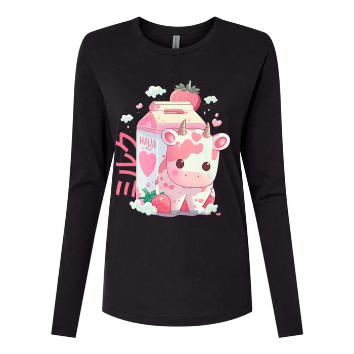 Cute Strawberry Milk Carton Cow Kawaii Lofi Japanese Pink Womens Cotton Relaxed Long Sleeve T-Shirt