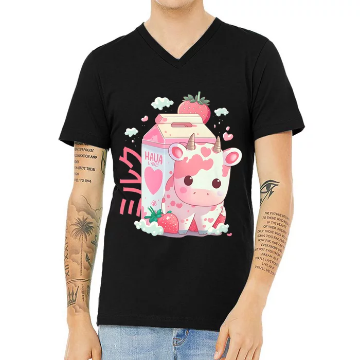 Cute Strawberry Milk Carton Cow Kawaii Lofi Japanese Pink V-Neck T-Shirt