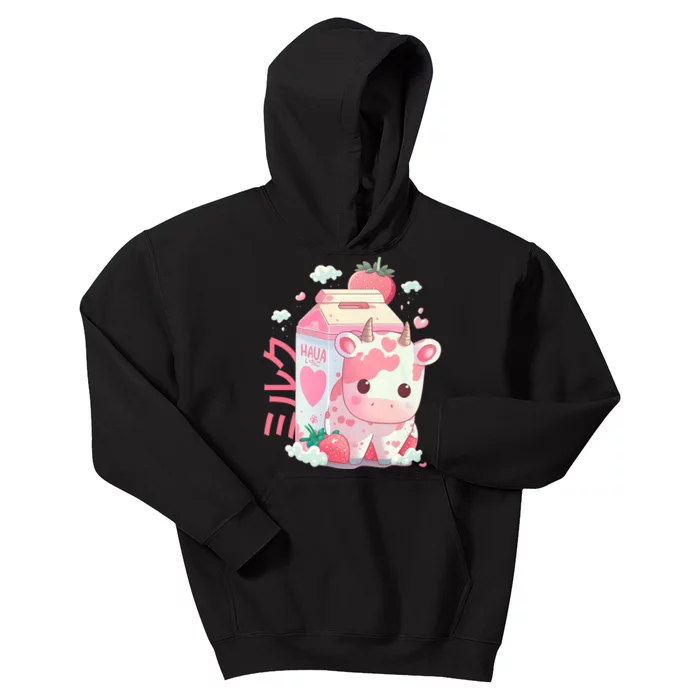 Cute Strawberry Milk Carton Cow Kawaii Lofi Japanese Pink Kids Hoodie