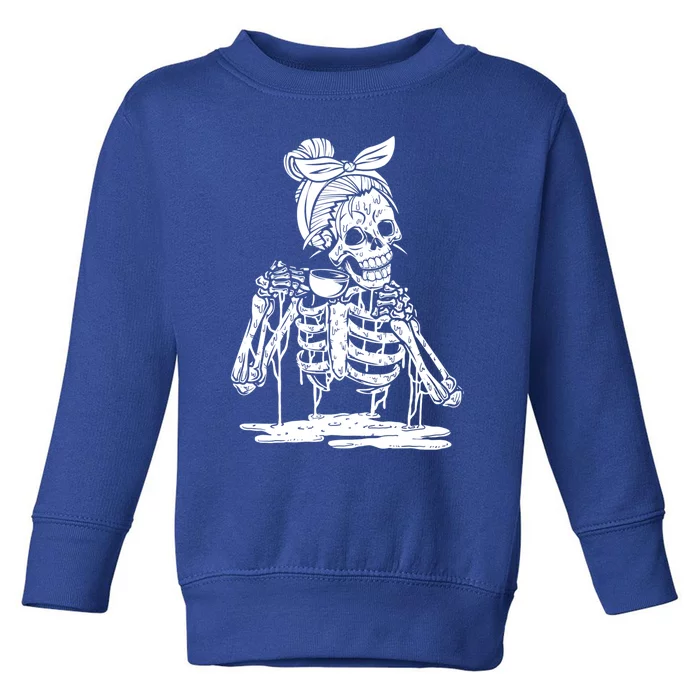 Caffeinated Skeleton Messy Bun Coffee Lover Skull Halloween Gift Toddler Sweatshirt