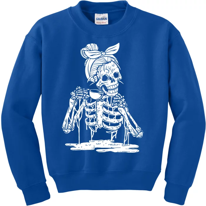 Caffeinated Skeleton Messy Bun Coffee Lover Skull Halloween Gift Kids Sweatshirt