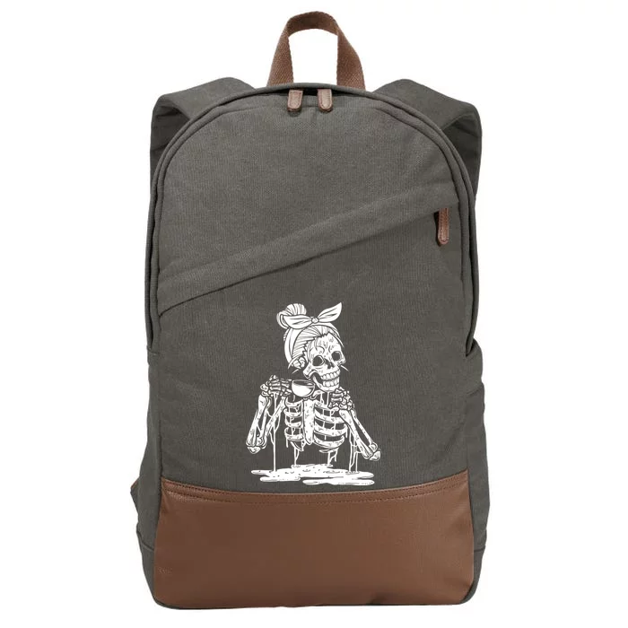 Caffeinated Skeleton Messy Bun Coffee Lover Skull Halloween Gift Cotton Canvas Backpack