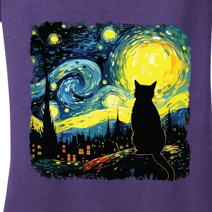 Cat Starry Night Van Gogh Cat For Cat Lover Cat Mom Cat Dad Women's V-Neck T-Shirt