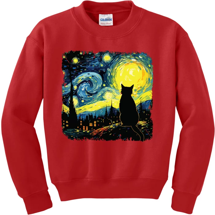 Cat Starry Night Van Gogh Cat For Cat Lover Cat Mom Cat Dad Kids Sweatshirt