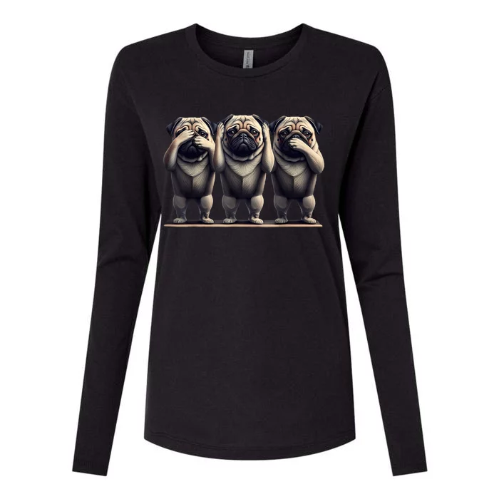 Cute See No Evil Hear No Evil Speak No Evil Three Pug Womens Cotton Relaxed Long Sleeve T-Shirt