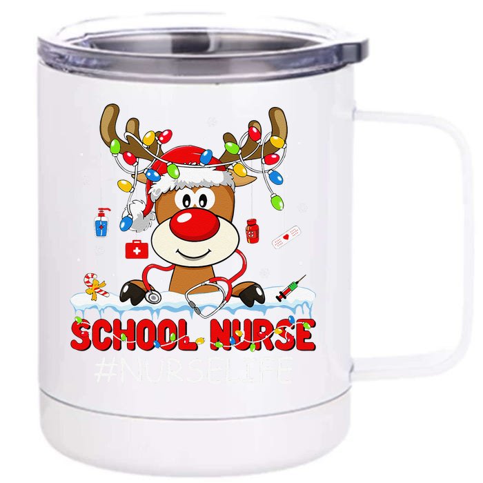 Christmas School Nurse Life Reindeer Lights Xmas Pjs Holiday Front & Back 12oz Stainless Steel Tumbler Cup