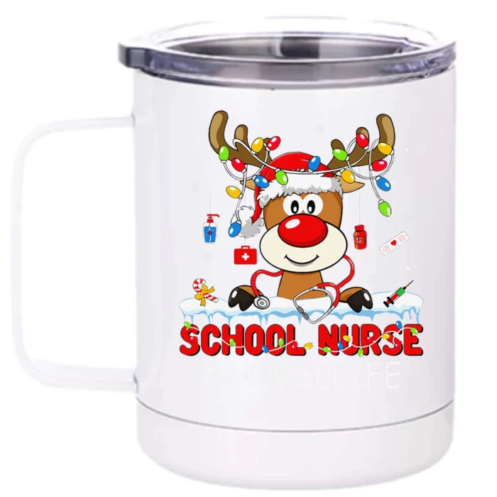 Christmas School Nurse Life Reindeer Lights Xmas Pjs Holiday Front & Back 12oz Stainless Steel Tumbler Cup