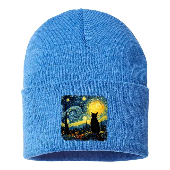 Cat Starry Night Van Gogh Cat For Cat Lover Cat Mom Cat Dad Sustainable Knit Beanie