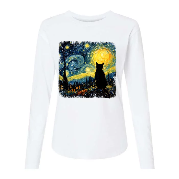 Cat Starry Night Van Gogh Cat For Cat Lover Cat Mom Cat Dad Womens Cotton Relaxed Long Sleeve T-Shirt