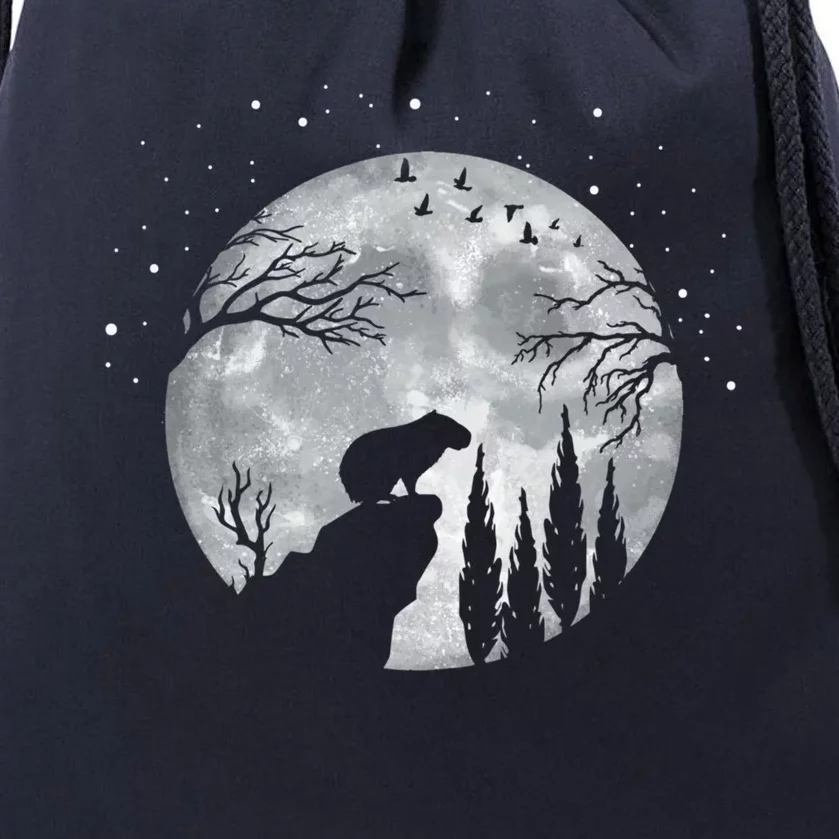 Capybara Slhouette Night Sky Full Moon Rodent Capybara Funny Gift Drawstring Bag