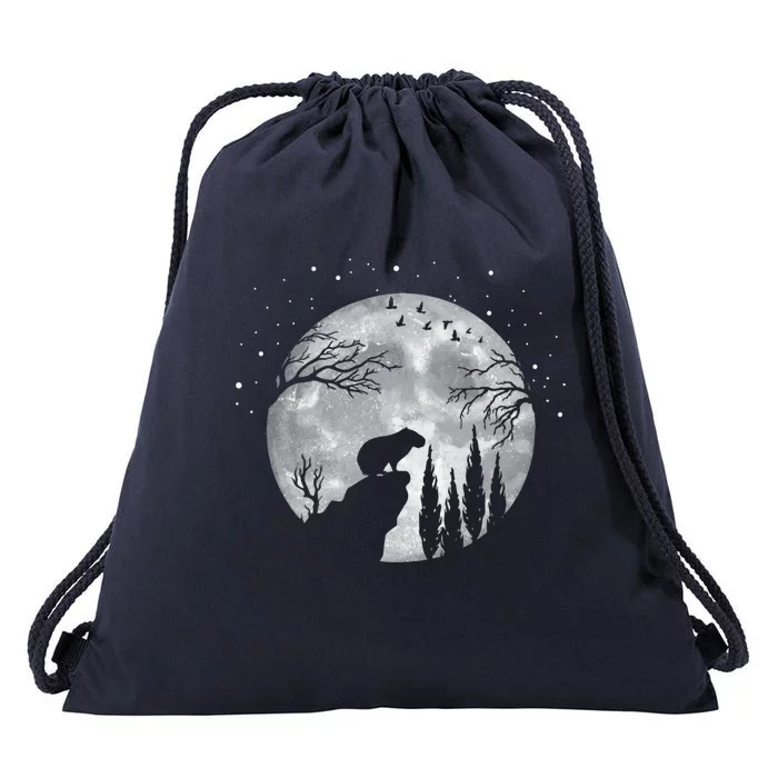 Capybara Slhouette Night Sky Full Moon Rodent Capybara Funny Gift Drawstring Bag