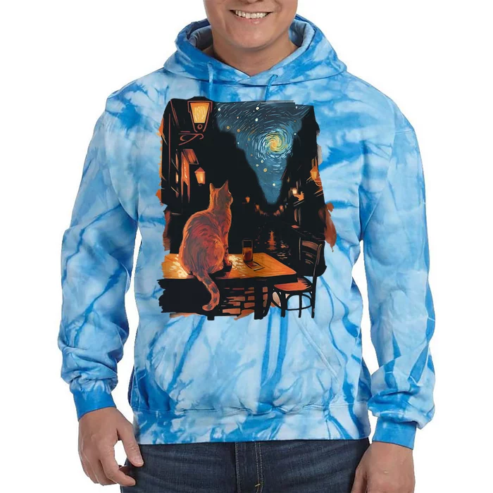 Cat Starry Night Van Gogh Art Style Coffee Shop Tie Dye Hoodie