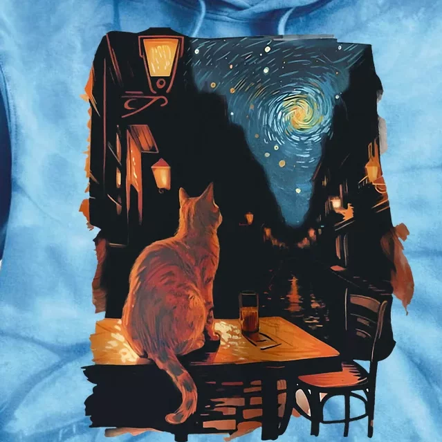 Cat Starry Night Van Gogh Art Style Coffee Shop Tie Dye Hoodie