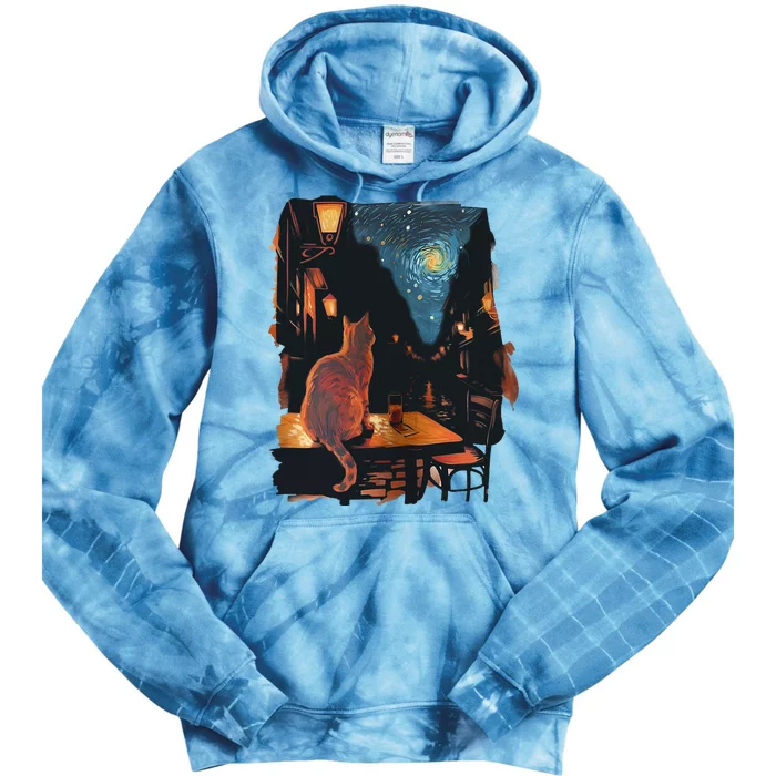 Cat Starry Night Van Gogh Art Style Coffee Shop Tie Dye Hoodie