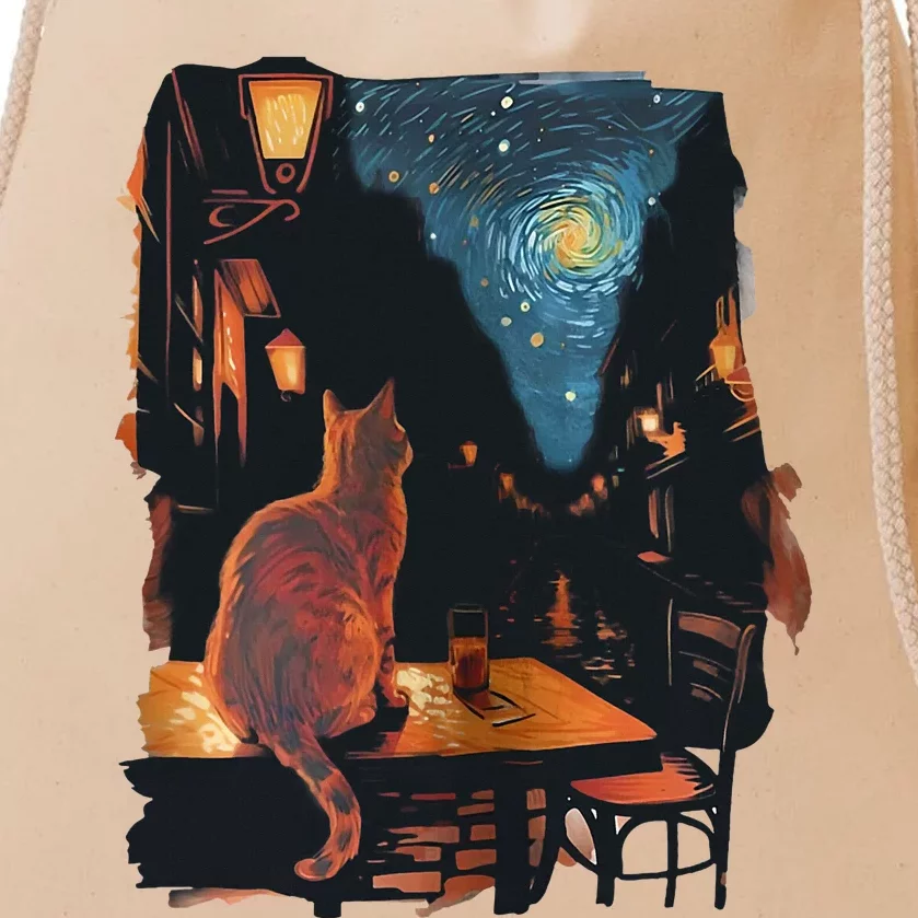 Cat Starry Night Van Gogh Art Style Coffee Shop Drawstring Bag