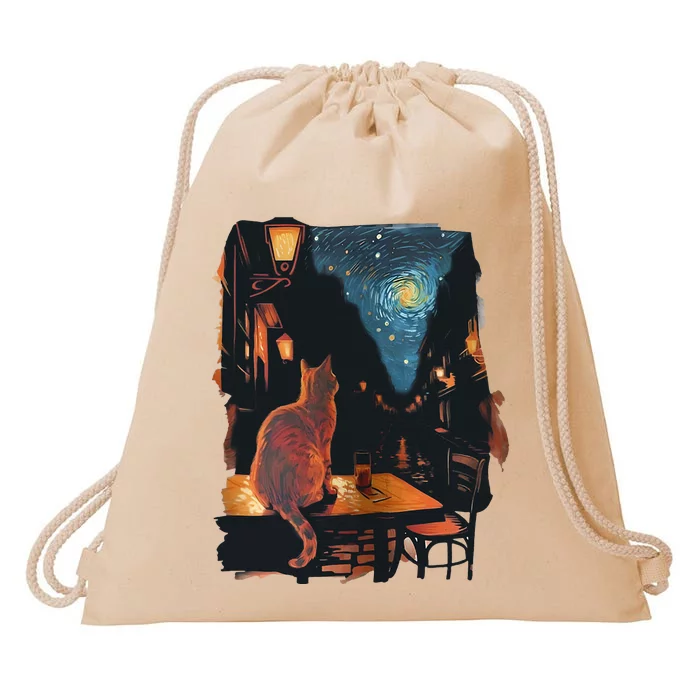 Cat Starry Night Van Gogh Art Style Coffee Shop Drawstring Bag