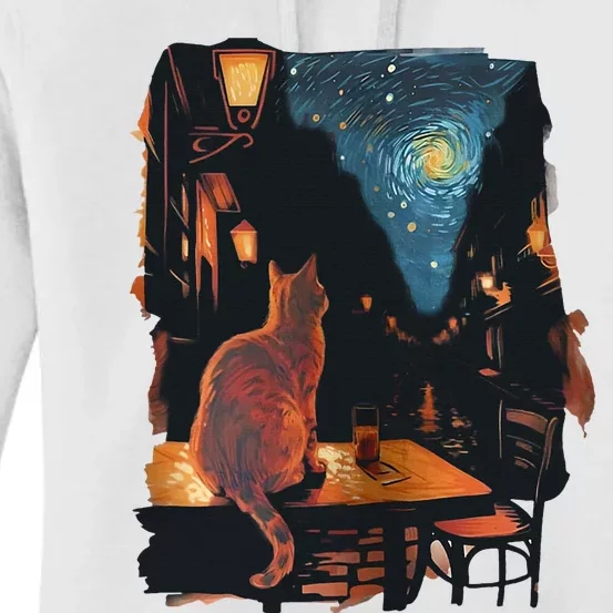 Cat Starry Night Van Gogh Art Style Coffee Shop Women's Pullover Hoodie