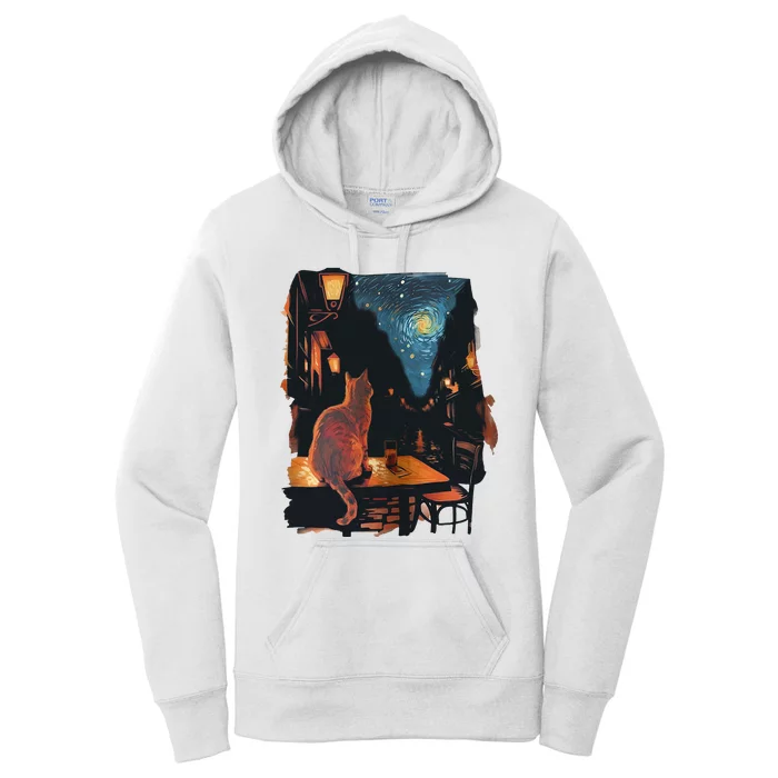 Cat Starry Night Van Gogh Art Style Coffee Shop Women's Pullover Hoodie