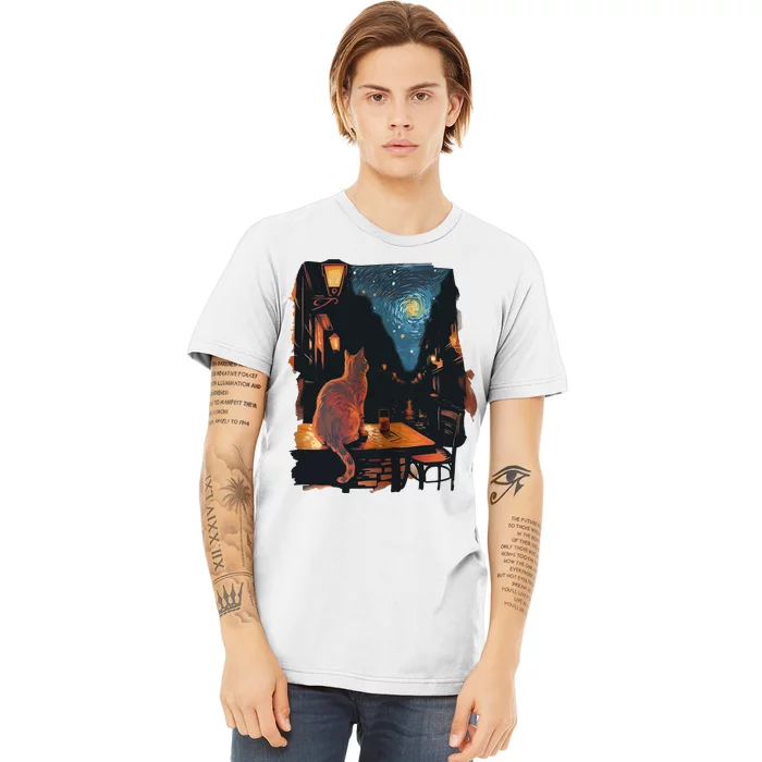 Cat Starry Night Van Gogh Art Style Coffee Shop Premium T-Shirt