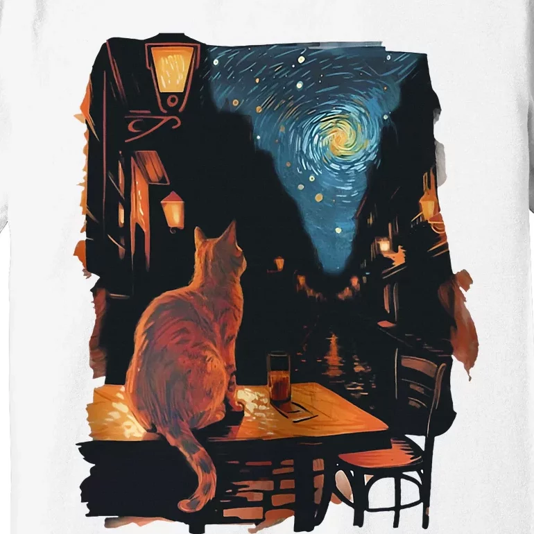 Cat Starry Night Van Gogh Art Style Coffee Shop Premium T-Shirt